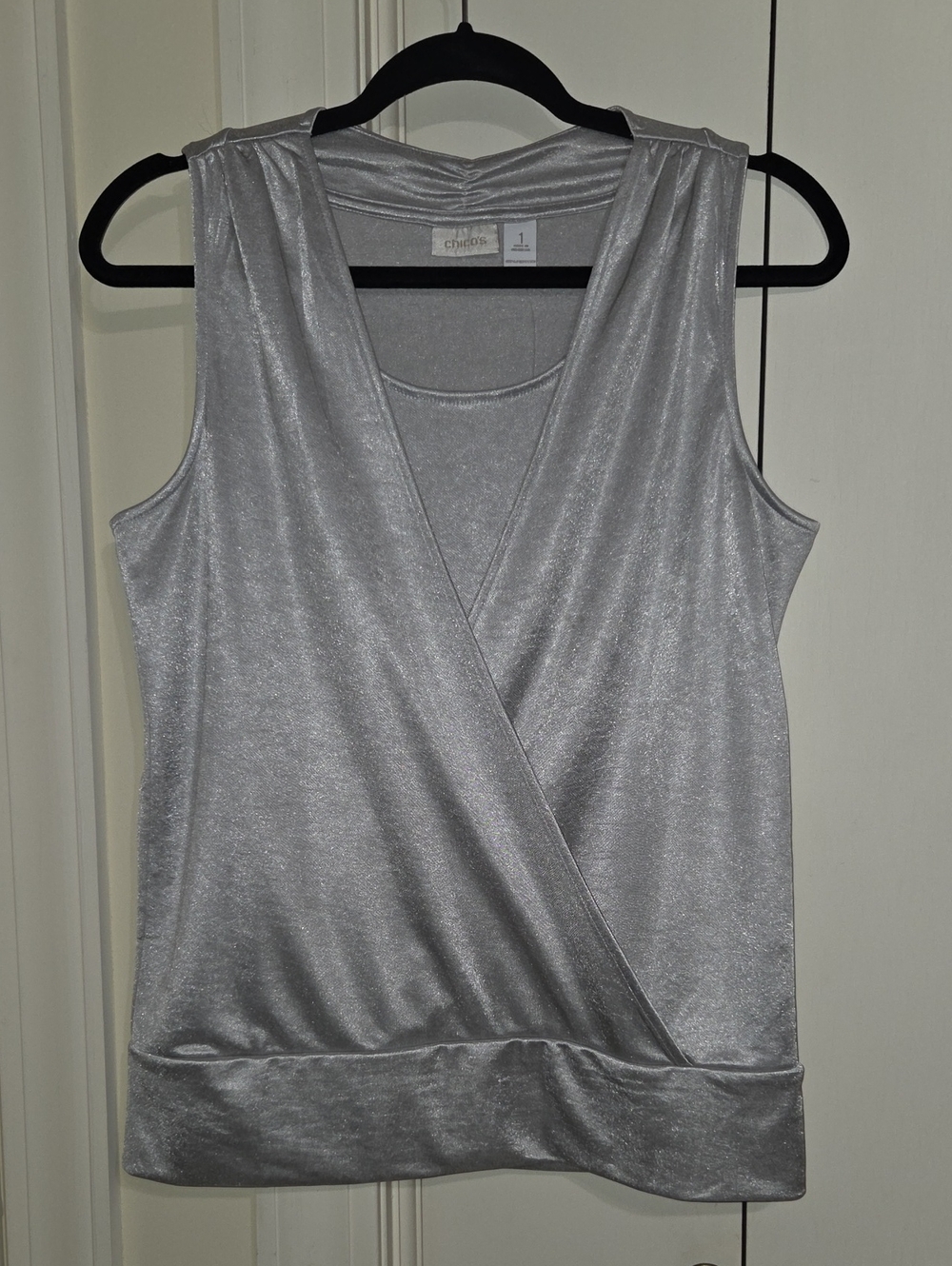 Chico's Metallic Silver Draped Faux-Wrap Camisole